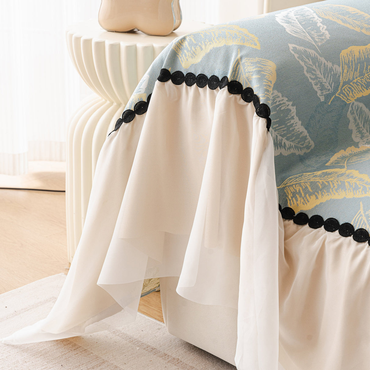Leaf Jacquard Sofa Cover with Ruffle Skirt – Non-Slip Couch Protector with Sheer Hem