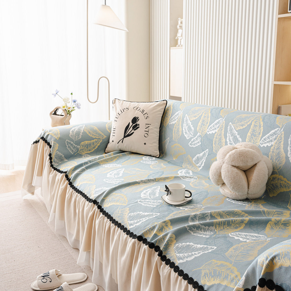 Leaf Jacquard Sofa Cover with Ruffle Skirt – Non-Slip Couch Protector with Sheer Hem