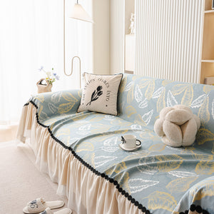 Leaf Jacquard Sofa Cover with Ruffle Skirt – Non-Slip Couch Protector with Sheer Hem