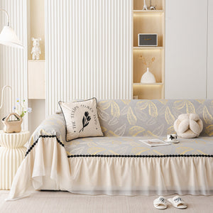 Leaf Jacquard Sofa Cover with Ruffle Skirt – Non-Slip Couch Protector with Sheer Hem