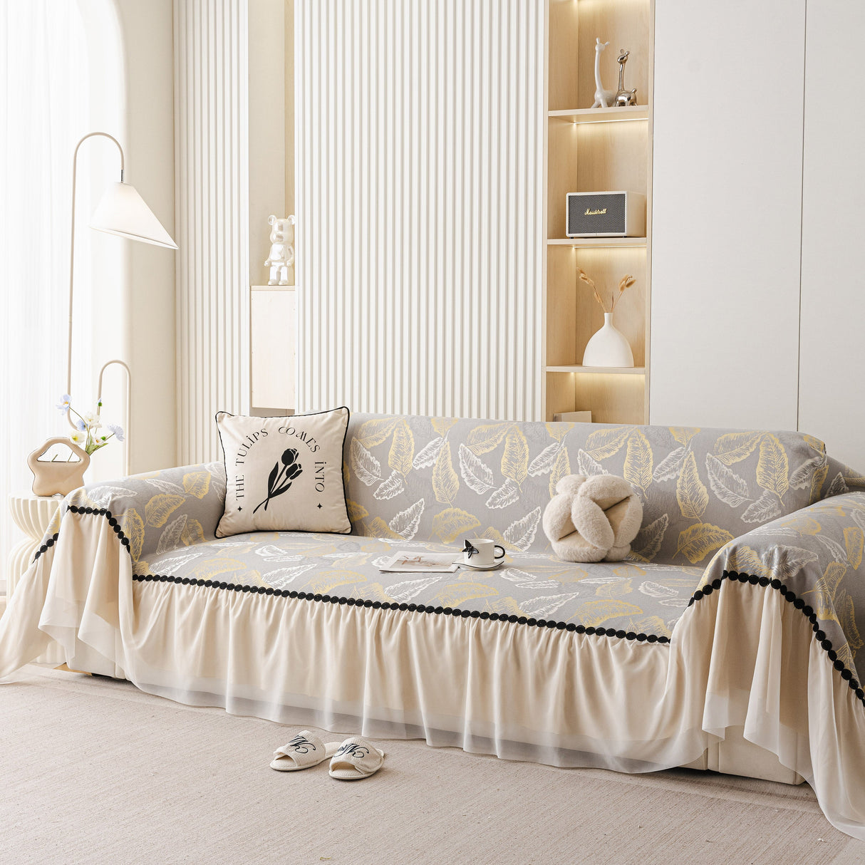 Leaf Jacquard Sofa Cover with Ruffle Skirt – Non-Slip Couch Protector with Sheer Hem