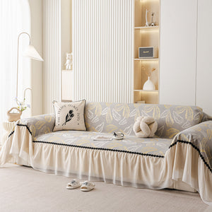 Leaf Jacquard Sofa Cover with Ruffle Skirt – Non-Slip Couch Protector with Sheer Hem