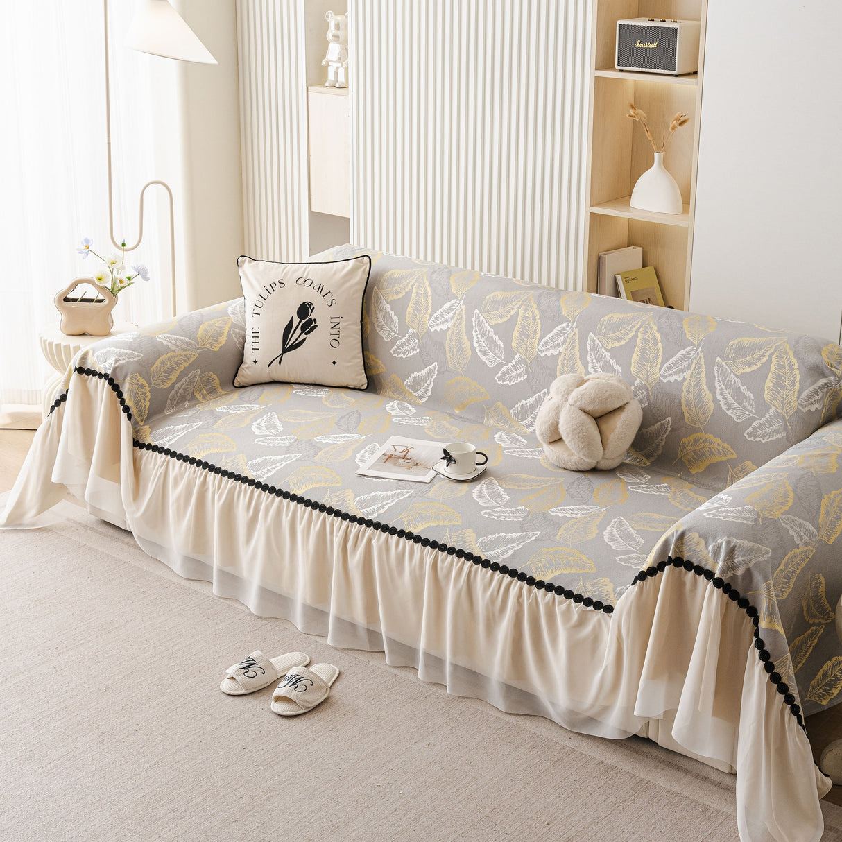 Leaf Jacquard Sofa Cover with Ruffle Skirt – Non-Slip Couch Protector with Sheer Hem