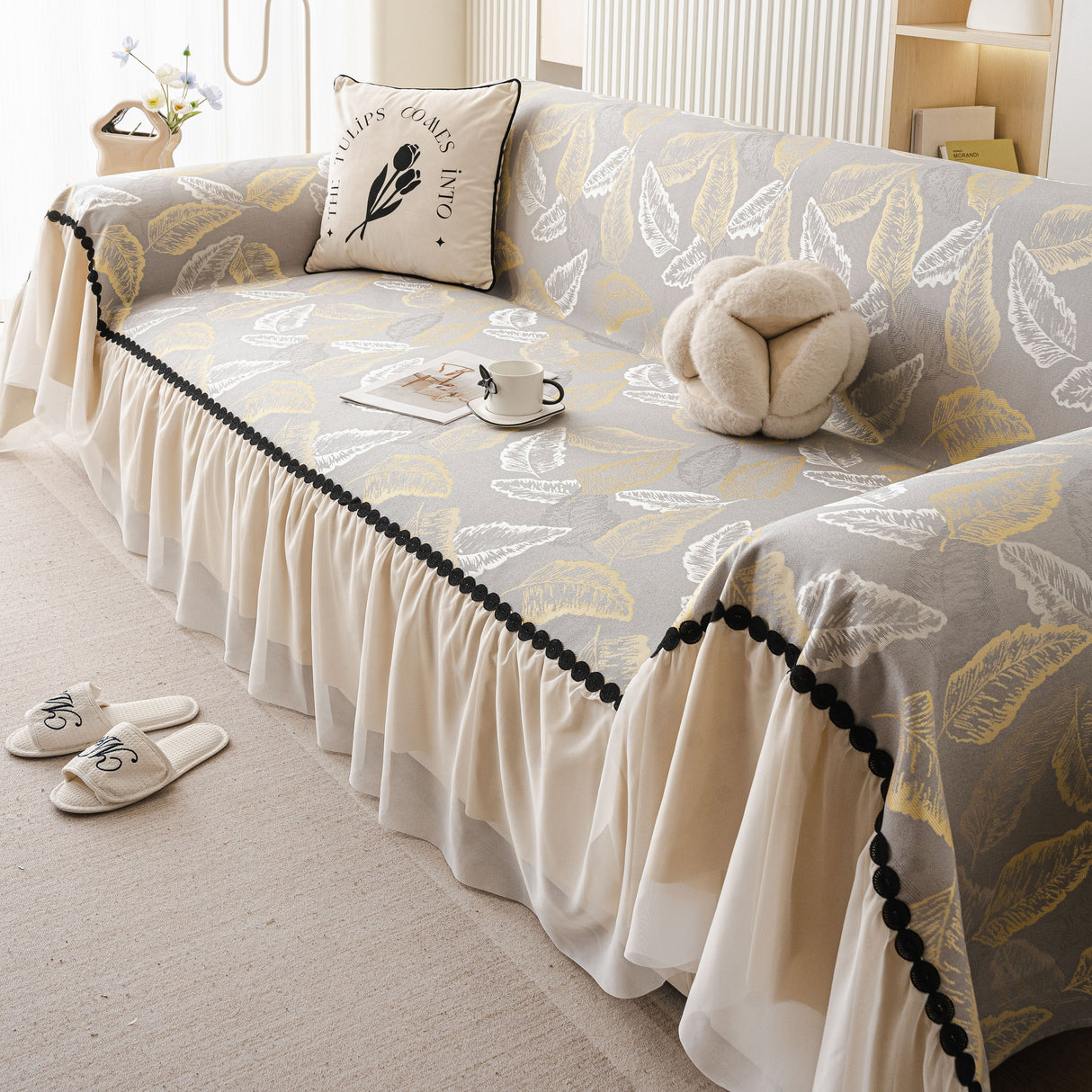Leaf Jacquard Sofa Cover with Ruffle Skirt – Non-Slip Couch Protector with Sheer Hem