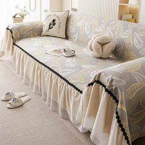 Leaf Jacquard Sofa Cover with Ruffle Skirt – Non-Slip Couch Protector with Sheer Hem