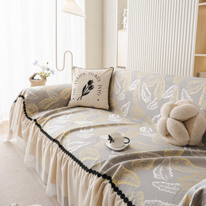 Leaf Jacquard Sofa Cover with Ruffle Skirt – Non-Slip Couch Protector with Sheer Hem