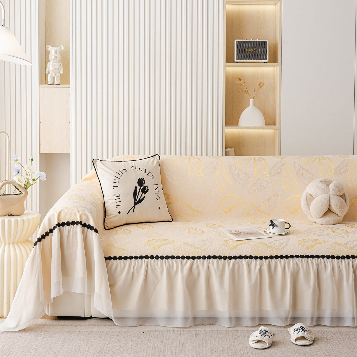 Leaf Jacquard Sofa Cover with Ruffle Skirt – Non-Slip Couch Protector with Sheer Hem