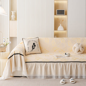 Leaf Jacquard Sofa Cover with Ruffle Skirt – Non-Slip Couch Protector with Sheer Hem