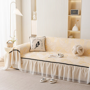 Leaf Jacquard Sofa Cover with Ruffle Skirt – Non-Slip Couch Protector with Sheer Hem