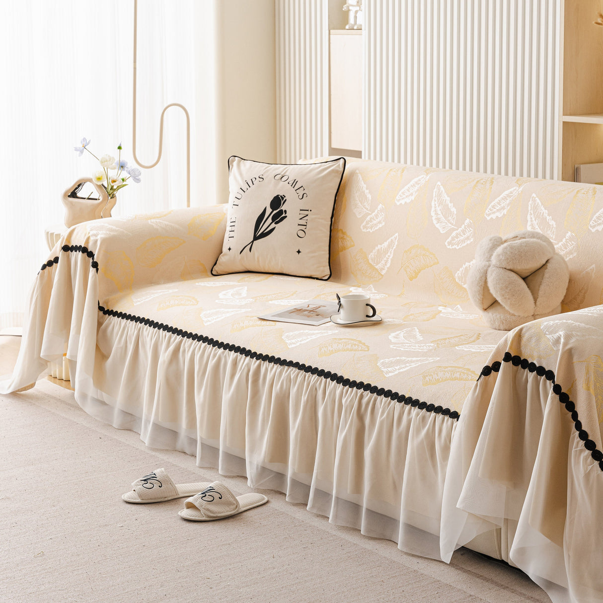 Leaf Jacquard Sofa Cover with Ruffle Skirt – Non-Slip Couch Protector with Sheer Hem