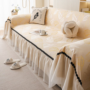 Leaf Jacquard Sofa Cover with Ruffle Skirt – Non-Slip Couch Protector with Sheer Hem