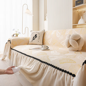 Leaf Jacquard Sofa Cover with Ruffle Skirt – Non-Slip Couch Protector with Sheer Hem