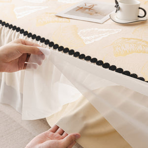 Leaf Jacquard Sofa Cover with Ruffle Skirt – Non-Slip Couch Protector with Sheer Hem