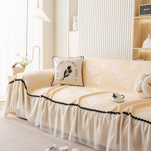 Leaf Jacquard Sofa Cover with Ruffle Skirt – Non-Slip Couch Protector with Sheer Hem