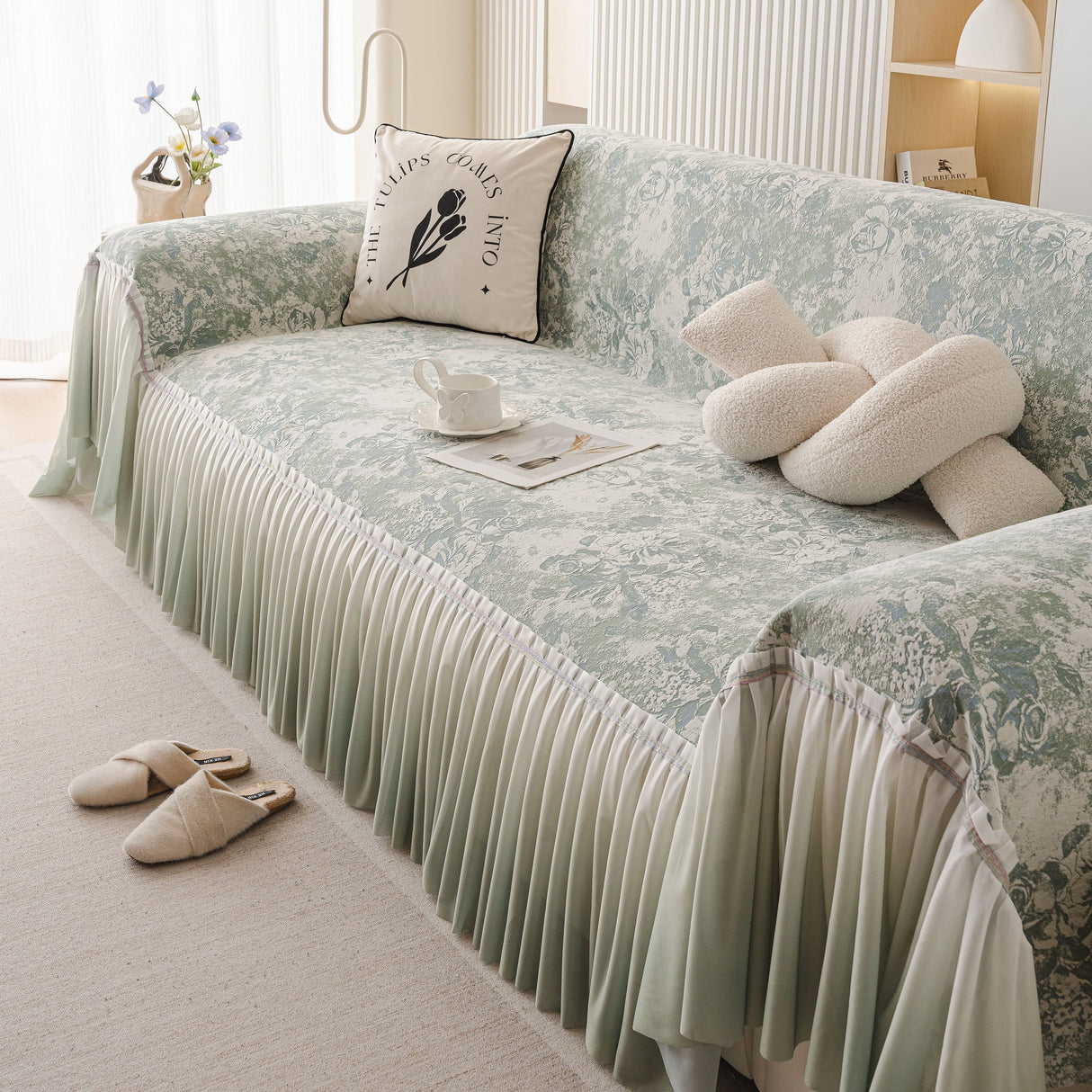 French Chic Style Ruffle Rose Cover Throw for Sofas, Decorative Sectional Covers