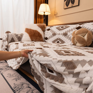 Bohemian Tufted Sofa Cover, Soft Sherpa Fleece Throw Blanket with 3D Aztec Geometric