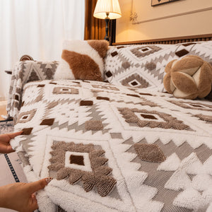 Bohemian Tufted Sofa Cover, Soft Sherpa Fleece Throw Blanket with 3D Aztec Geometric