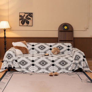 Bohemian Tufted Sofa Cover, Soft Sherpa Fleece Throw Blanket with 3D Aztec Geometric