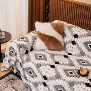 Bohemian Tufted Sofa Cover, Soft Sherpa Fleece Throw Blanket with 3D Aztec Geometric