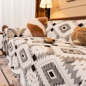 Bohemian Tufted Sofa Cover, Soft Sherpa Fleece Throw Blanket with 3D Aztec Geometric