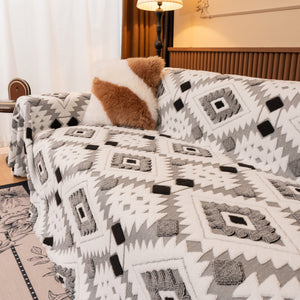 Bohemian Tufted Sofa Cover, Soft Sherpa Fleece Throw Blanket with 3D Aztec Geometric