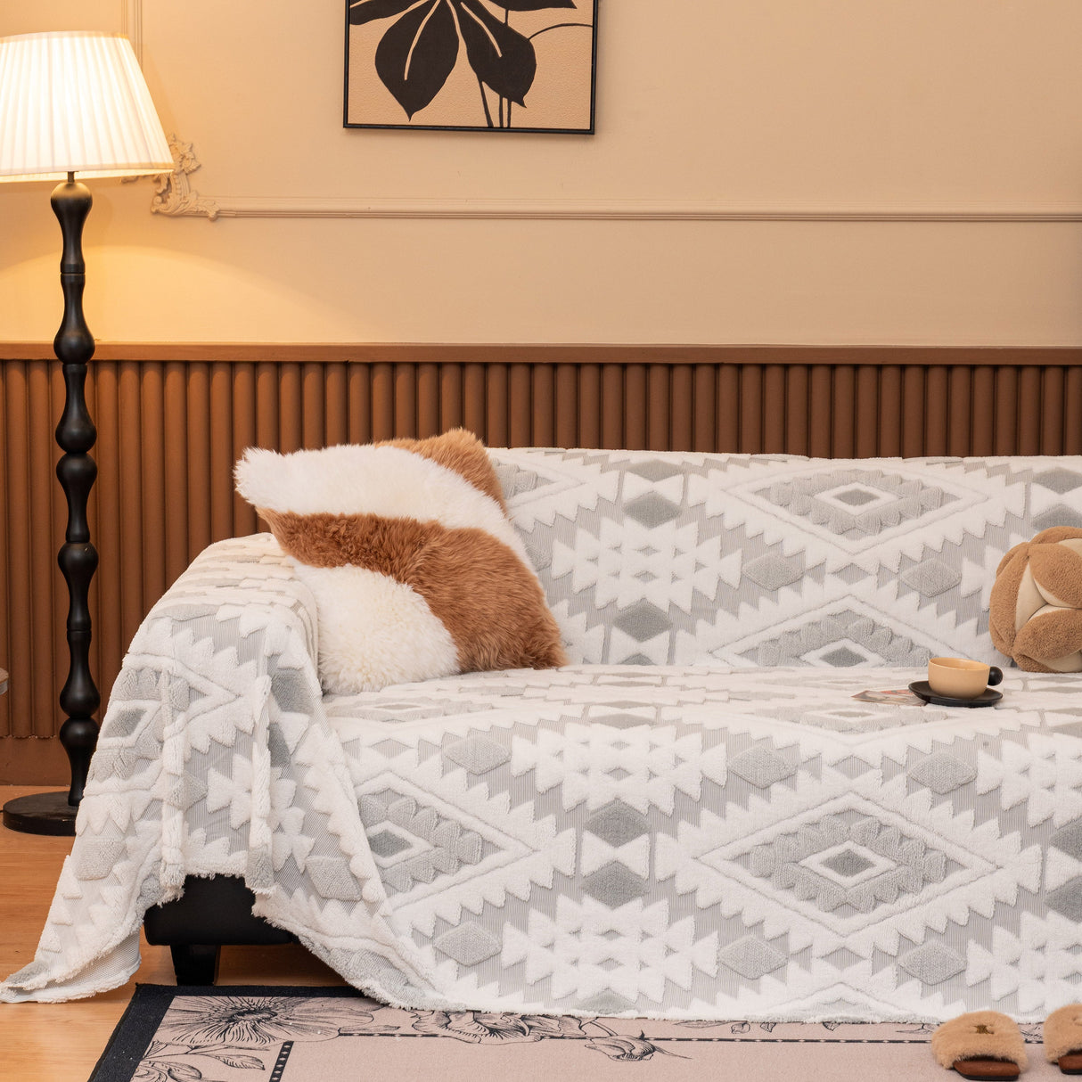 Bohemian Tufted Sofa Cover, Soft Sherpa Fleece Throw Blanket with 3D Aztec Geometric