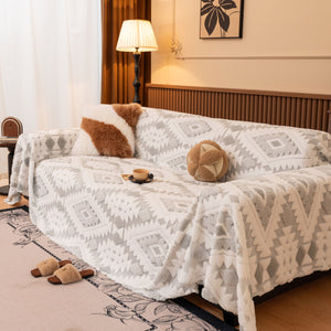 Bohemian Tufted Sofa Cover, Soft Sherpa Fleece Throw Blanket with 3D Aztec Geometric