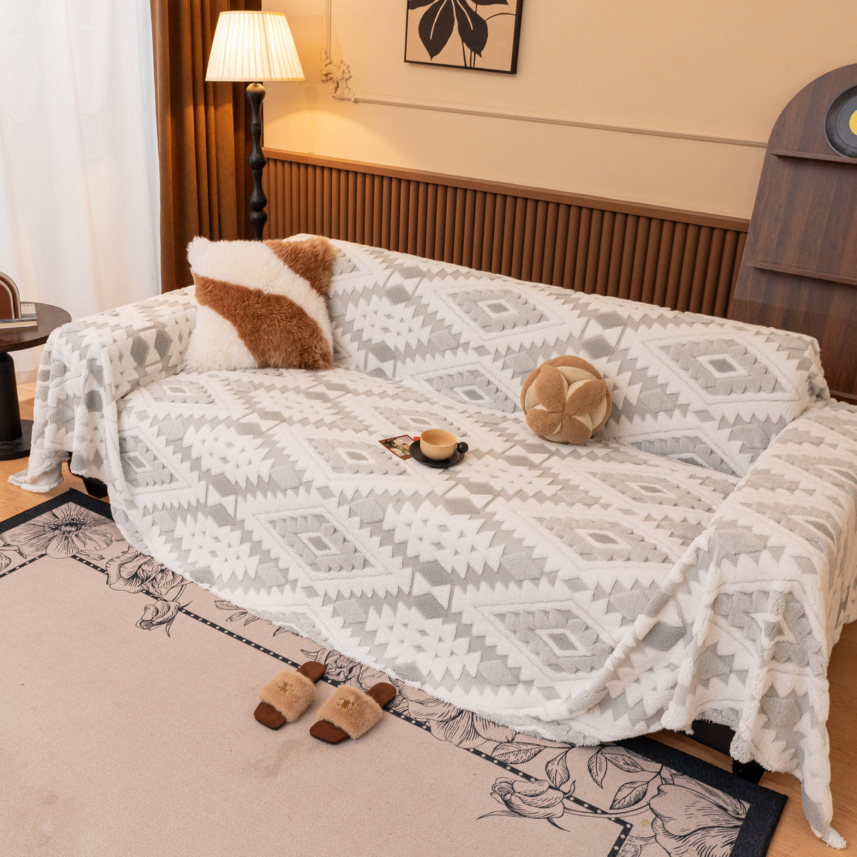 Bohemian Tufted Sofa Cover, Soft Sherpa Fleece Throw Blanket with 3D Aztec Geometric