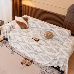 Bohemian Tufted Sofa Cover, Soft Sherpa Fleece Throw Blanket with 3D Aztec Geometric