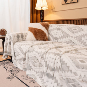 Bohemian Tufted Sofa Cover, Soft Sherpa Fleece Throw Blanket with 3D Aztec Geometric