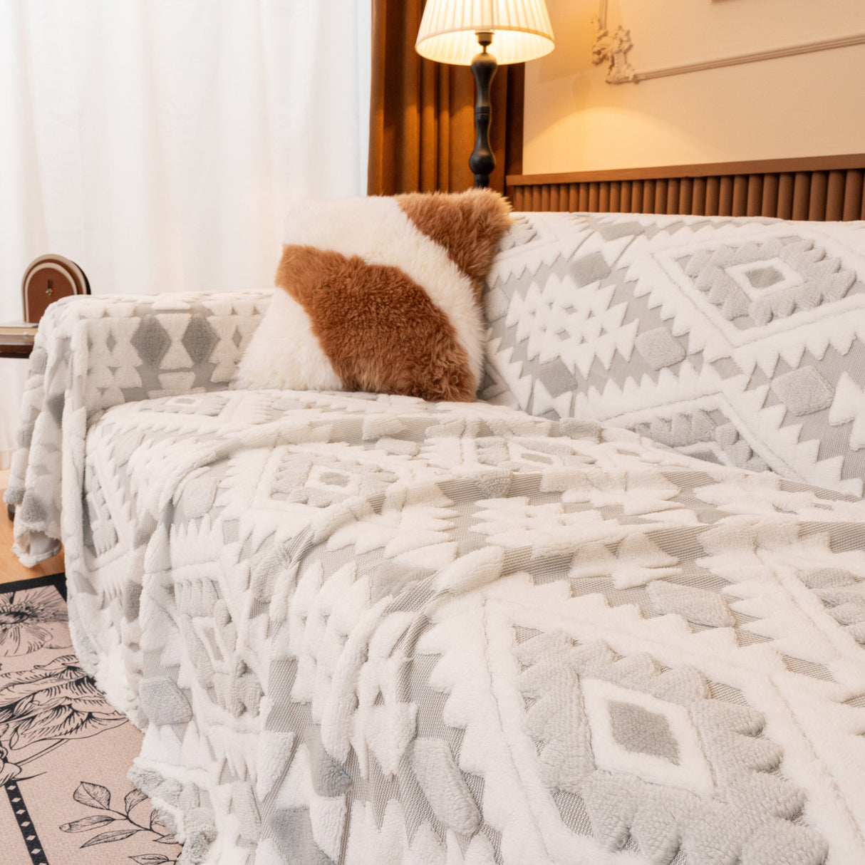 Bohemian Tufted Sofa Cover, Soft Sherpa Fleece Throw Blanket with 3D Aztec Geometric