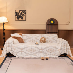 Bohemian Tufted Sofa Cover, Soft Sherpa Fleece Throw Blanket with 3D Aztec Geometric