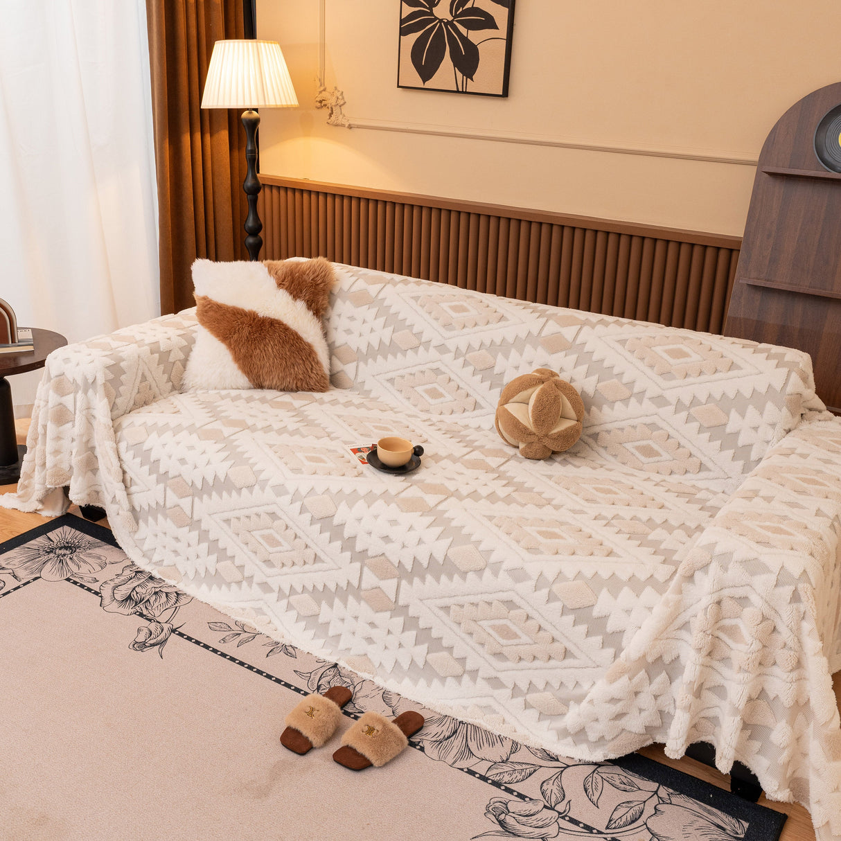 Bohemian Tufted Sofa Cover, Soft Sherpa Fleece Throw Blanket with 3D Aztec Geometric