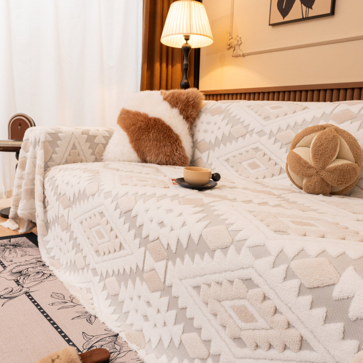 Bohemian Tufted Sofa Cover, Soft Sherpa Fleece Throw Blanket with 3D Aztec Geometric
