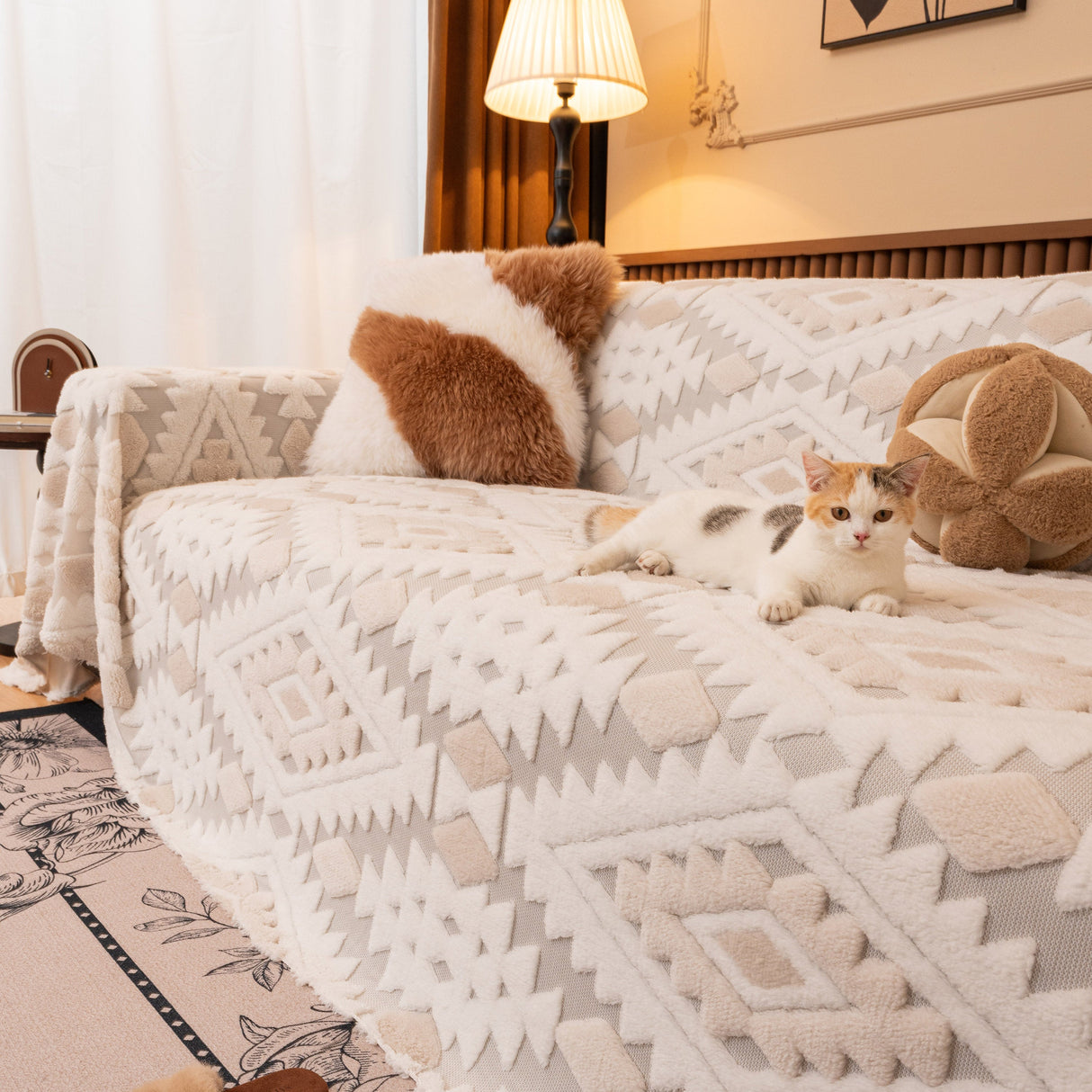 Bohemian Tufted Sofa Cover, Soft Sherpa Fleece Throw Blanket with 3D Aztec Geometric