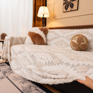 Bohemian Tufted Sofa Cover, Soft Sherpa Fleece Throw Blanket with 3D Aztec Geometric