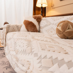 Bohemian Tufted Sofa Cover, Soft Sherpa Fleece Throw Blanket with 3D Aztec Geometric