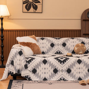 Bohemian Tufted Sofa Cover, Soft Sherpa Fleece Throw Blanket with 3D Aztec Geometric