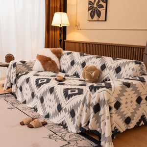 Bohemian Tufted Sofa Cover, Soft Sherpa Fleece Throw Blanket with 3D Aztec Geometric