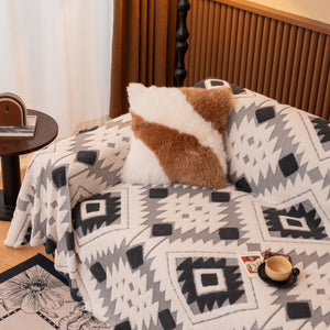 Bohemian Tufted Sofa Cover, Soft Sherpa Fleece Throw Blanket with 3D Aztec Geometric