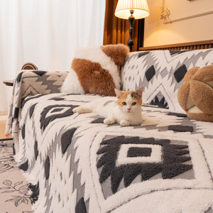 Bohemian Tufted Sofa Cover, Soft Sherpa Fleece Throw Blanket with 3D Aztec Geometric