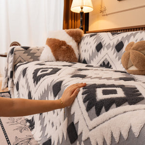 Bohemian Tufted Sofa Cover, Soft Sherpa Fleece Throw Blanket with 3D Aztec Geometric