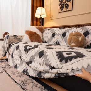 Bohemian Tufted Sofa Cover, Soft Sherpa Fleece Throw Blanket with 3D Aztec Geometric