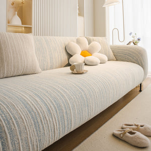 Ribbed Washable Sofa Cover, High Stretch Striped Couch Slipcover with Tie Straps