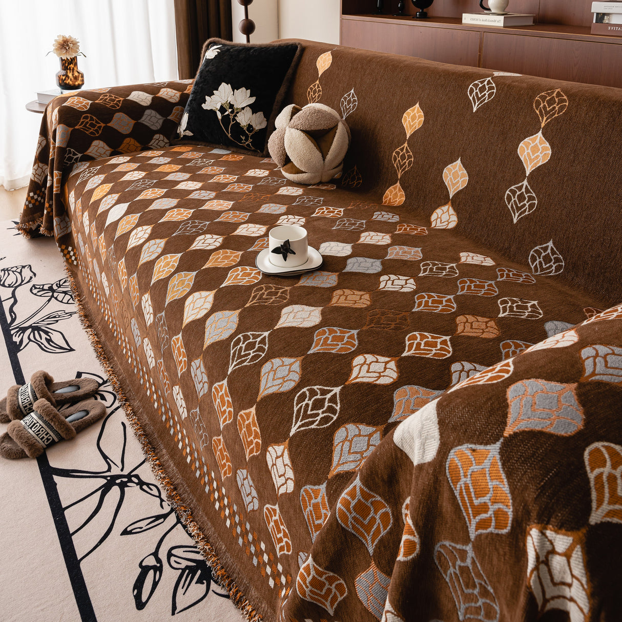 Boho Geometric Sofa Slipcovers Chenille Scratch Resistant Couch Protective Covers