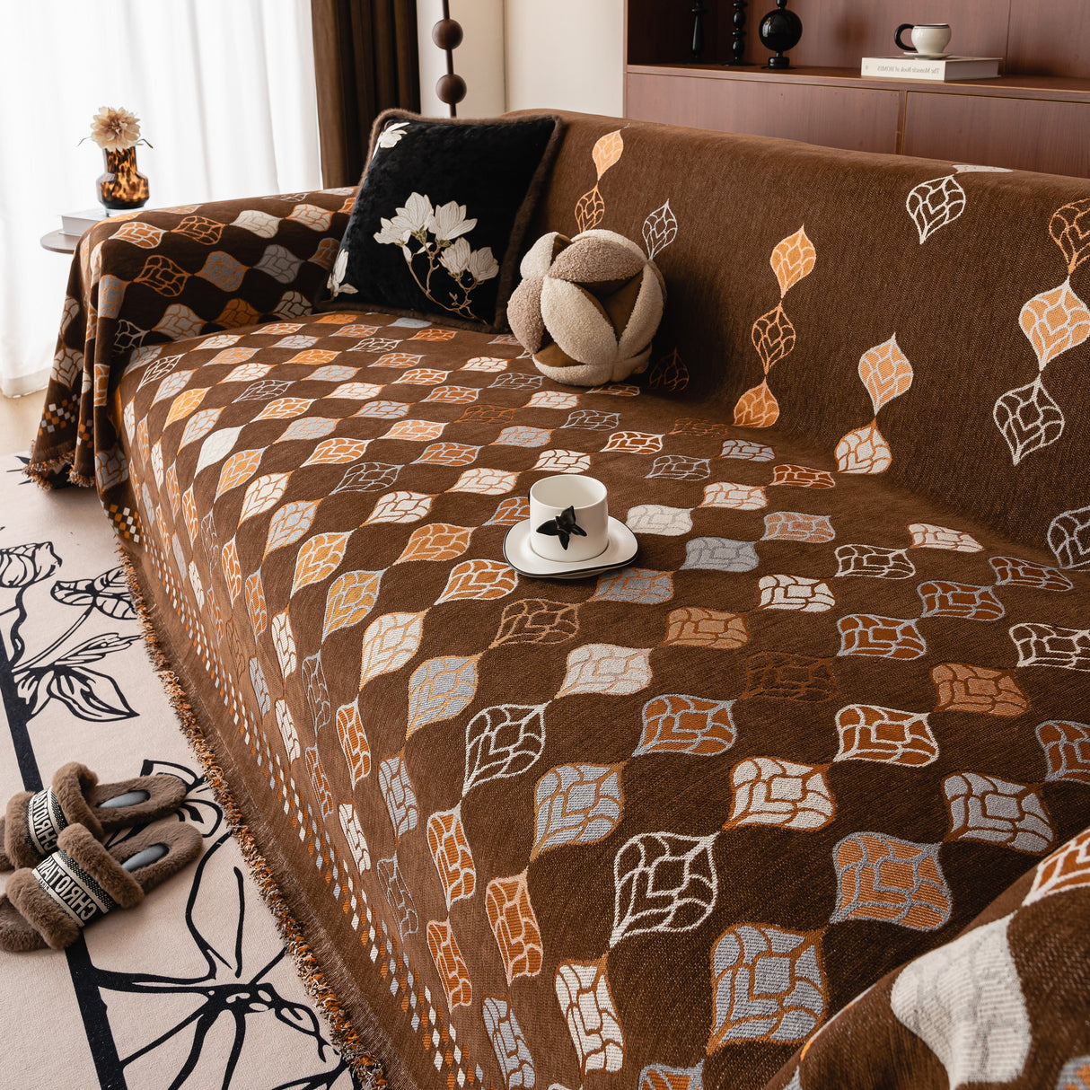 Boho Geometric Sofa Slipcovers Chenille Scratch Resistant Couch Protective Covers