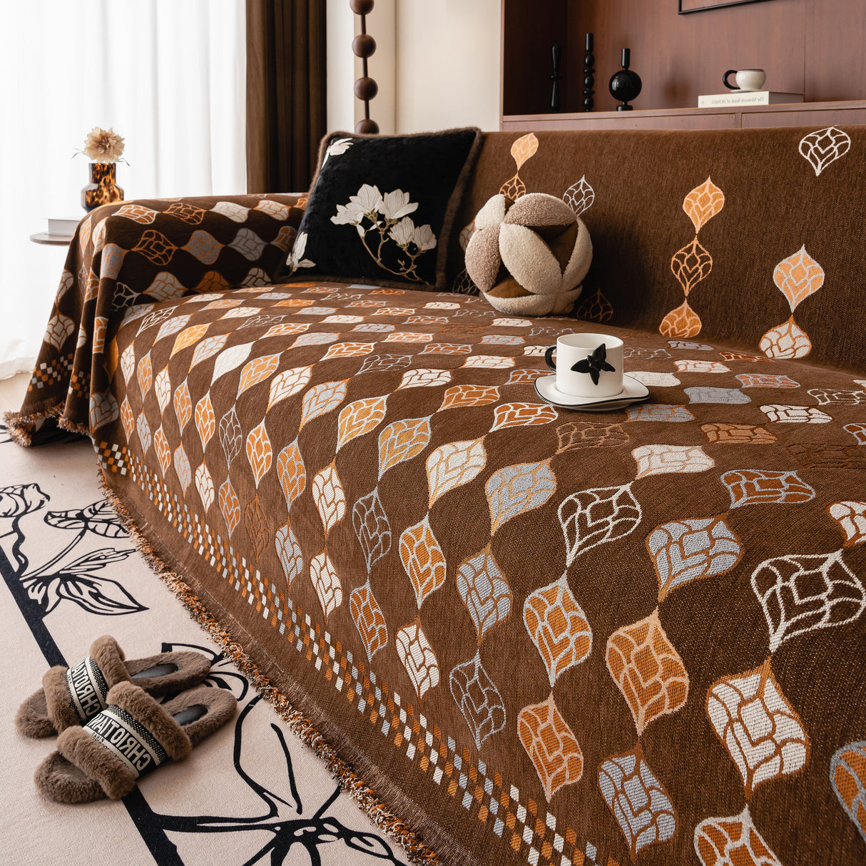 Boho Geometric Sofa Slipcovers Chenille Scratch Resistant Couch Protective Covers