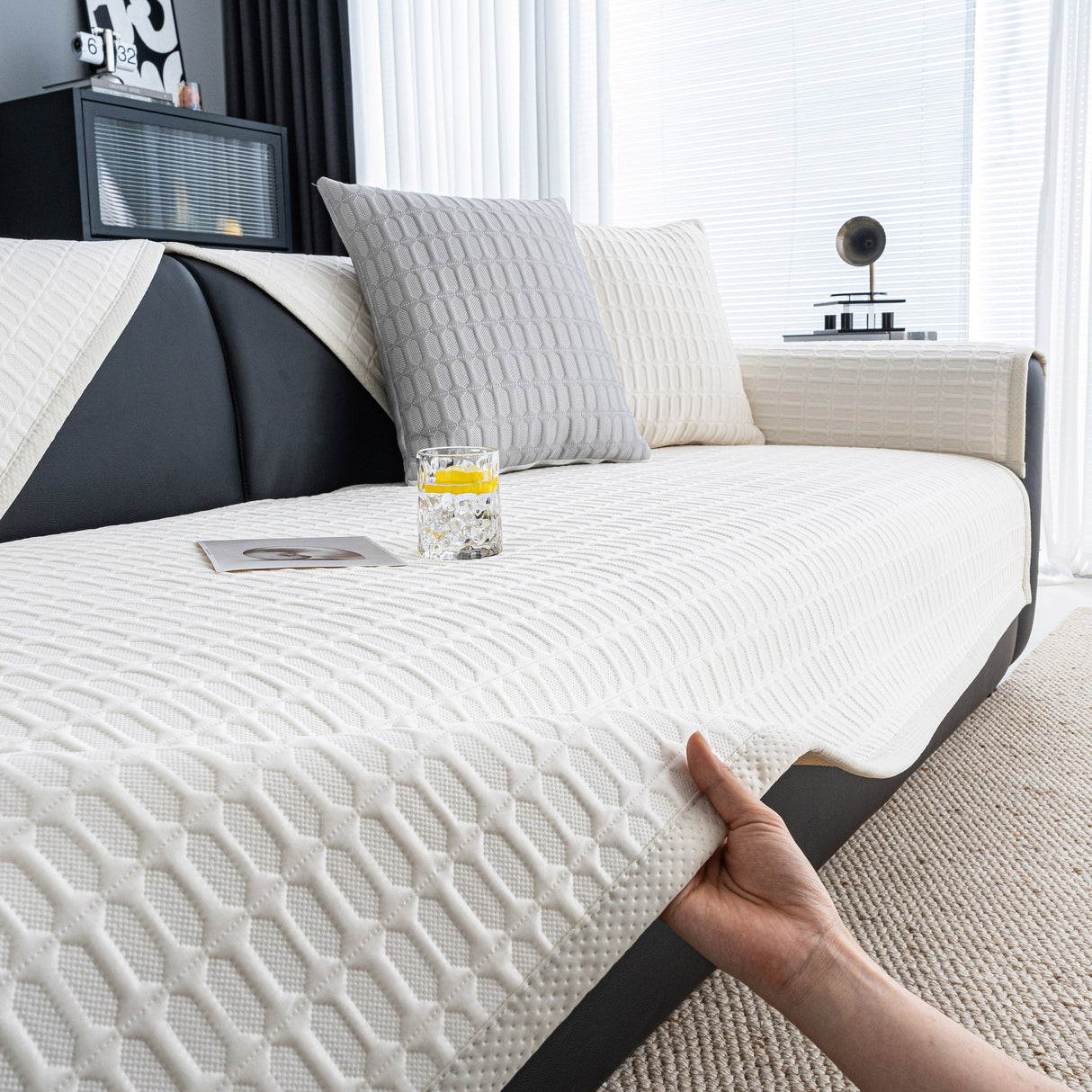 Geometric Textured Couch Slipcover Protector Non-Slip Ice Silk Sofa Cover for Couch