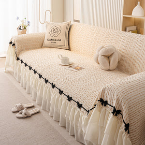 Ruffled Sofa Cover with Bowknot Decor, French Country Style Skirted Couch Slipcover