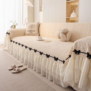 Ruffled Sofa Cover with Bowknot Decor, French Country Style Skirted Couch Slipcover